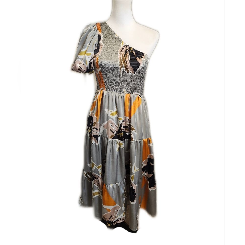 Jodifl One Shoulder Tropical Print Midi Dress, Smocked Top, Tiered Skirt, S